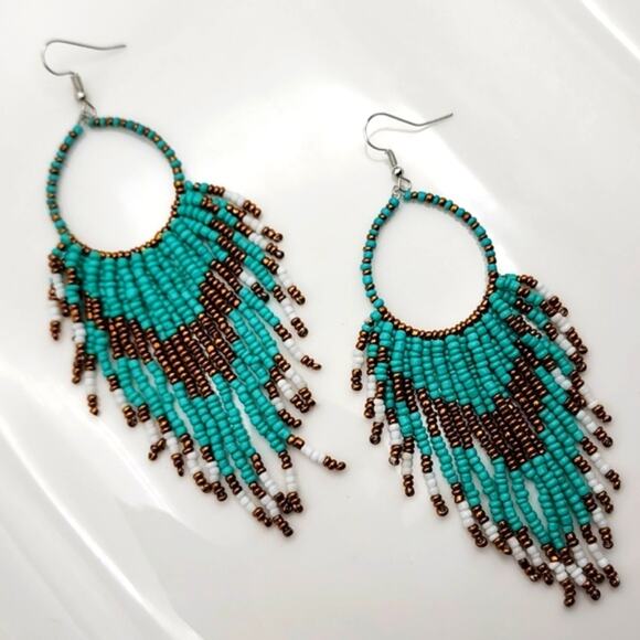 Beaded Fringe Hoop Earrings - Picture 1 of 3